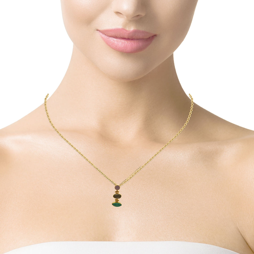 Kette Messing vergoldet, Aquachalcedon, Chalcedon und Rosenquarz