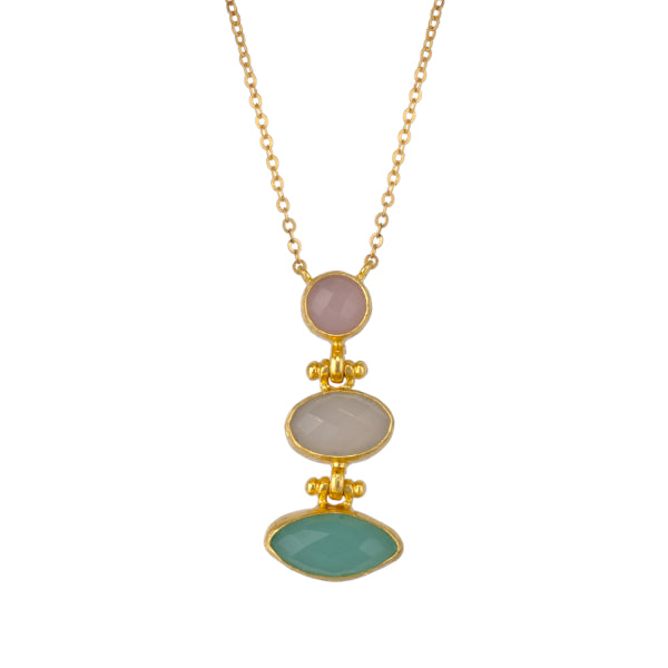 Kette Messing vergoldet, Aquachalcedon, Chalcedon und Rosenquarz