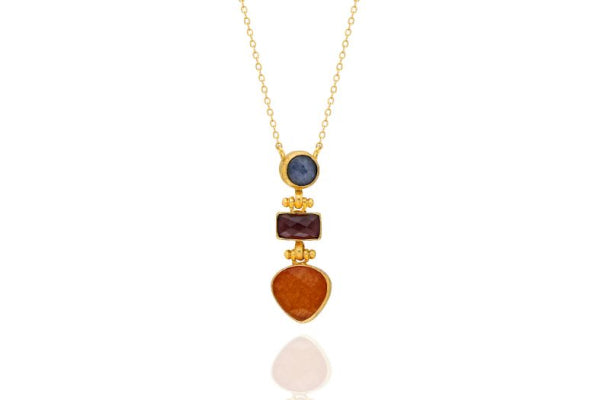 Kette aus Messing, vergoldet, oranger, graublauer Chalcedon, Amethyst