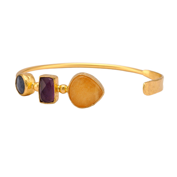 Armreifen aus Messing, vergoldet, oranger, graublauer Chalcedon, Amethyst