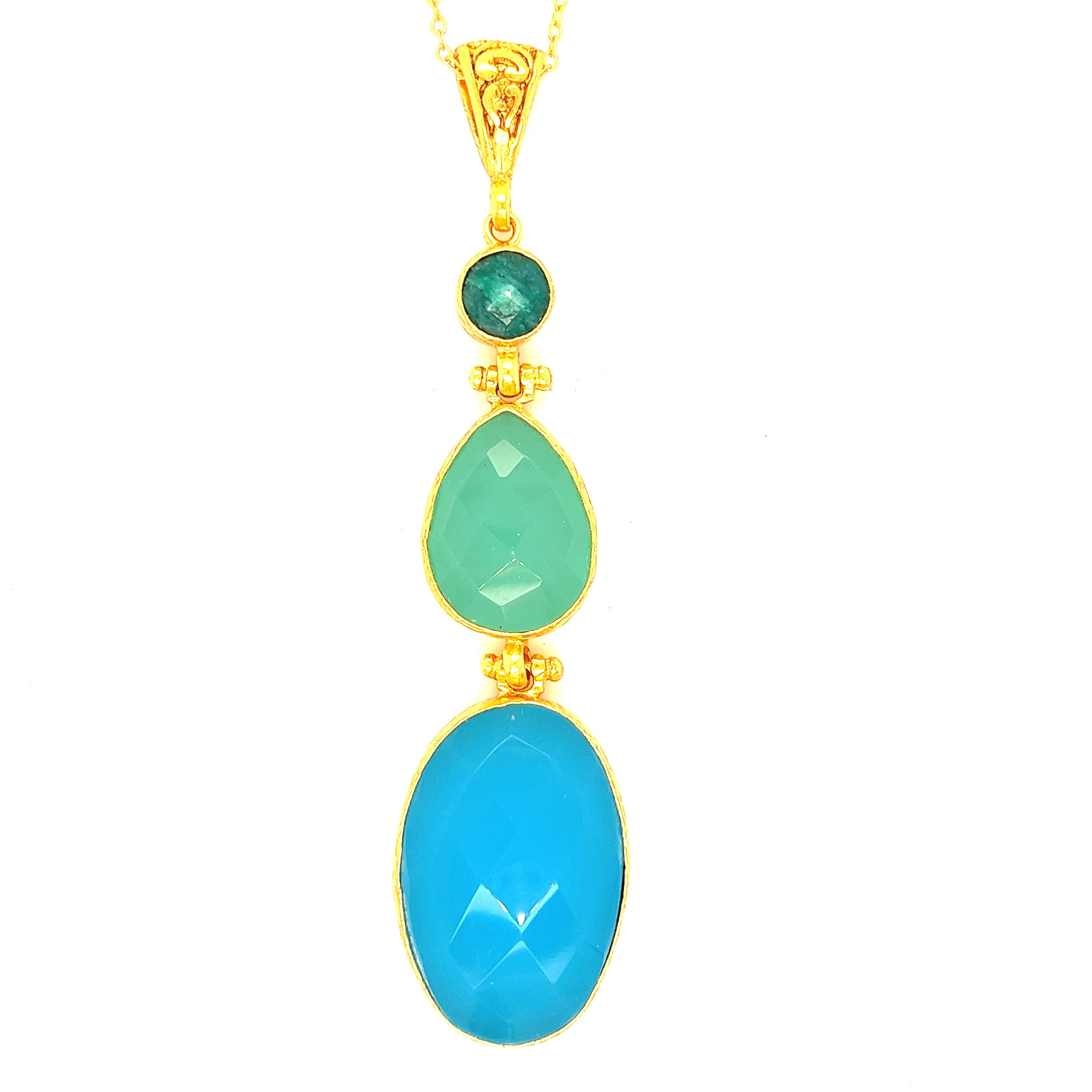 Kette aus Messing vergoldet, Smaragd, blauer/Aquachalcedon