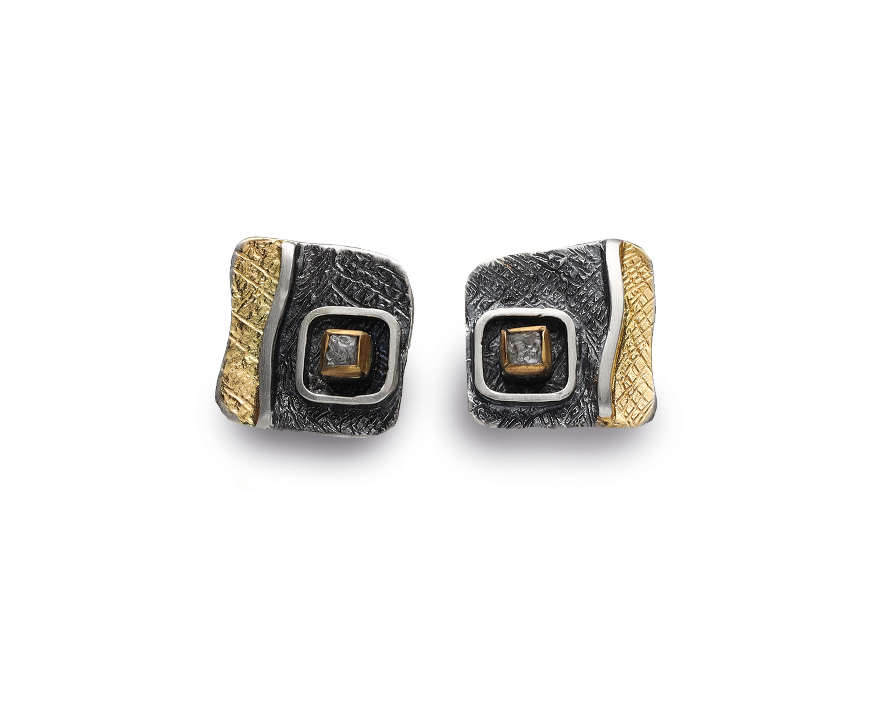 Ohrstecker 925 Silber, geschwärzt & vergoldet, mit Rohdiamant