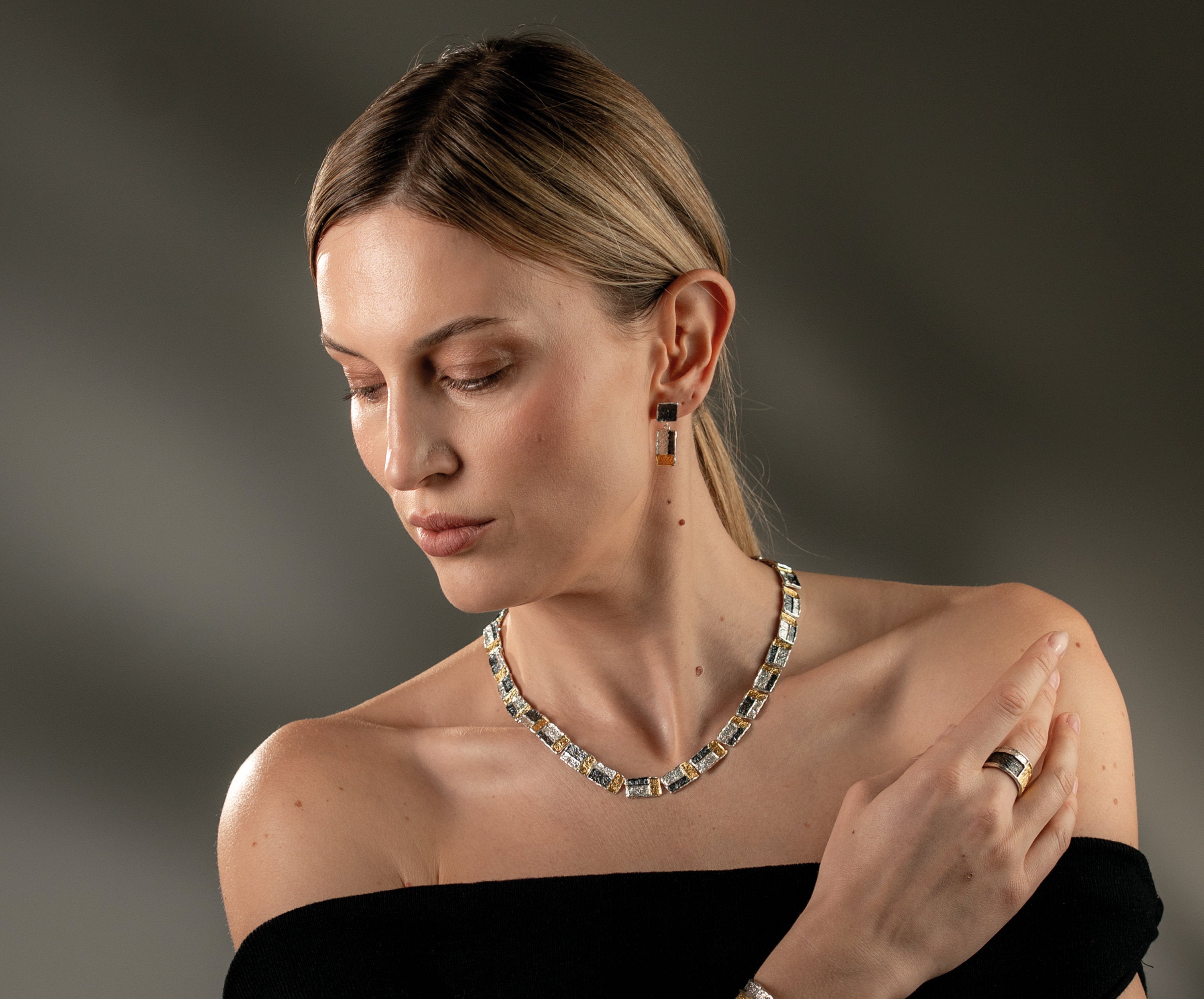 Collier 925 Silber, geschwärzt & vergoldet