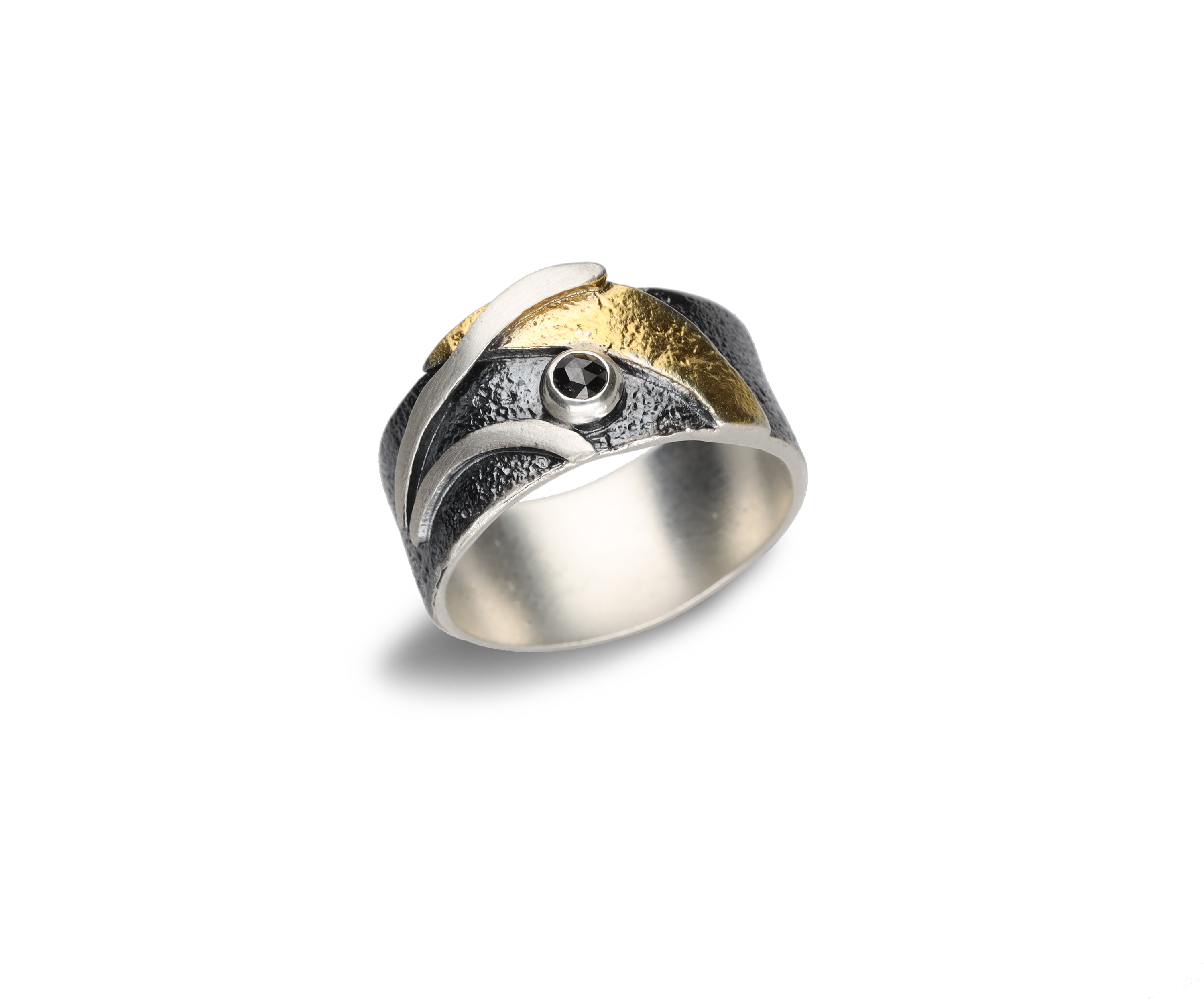 Ring 925 Silber, geschwärzt & vergoldet, mit schwarzem Diamant, Gr. 58