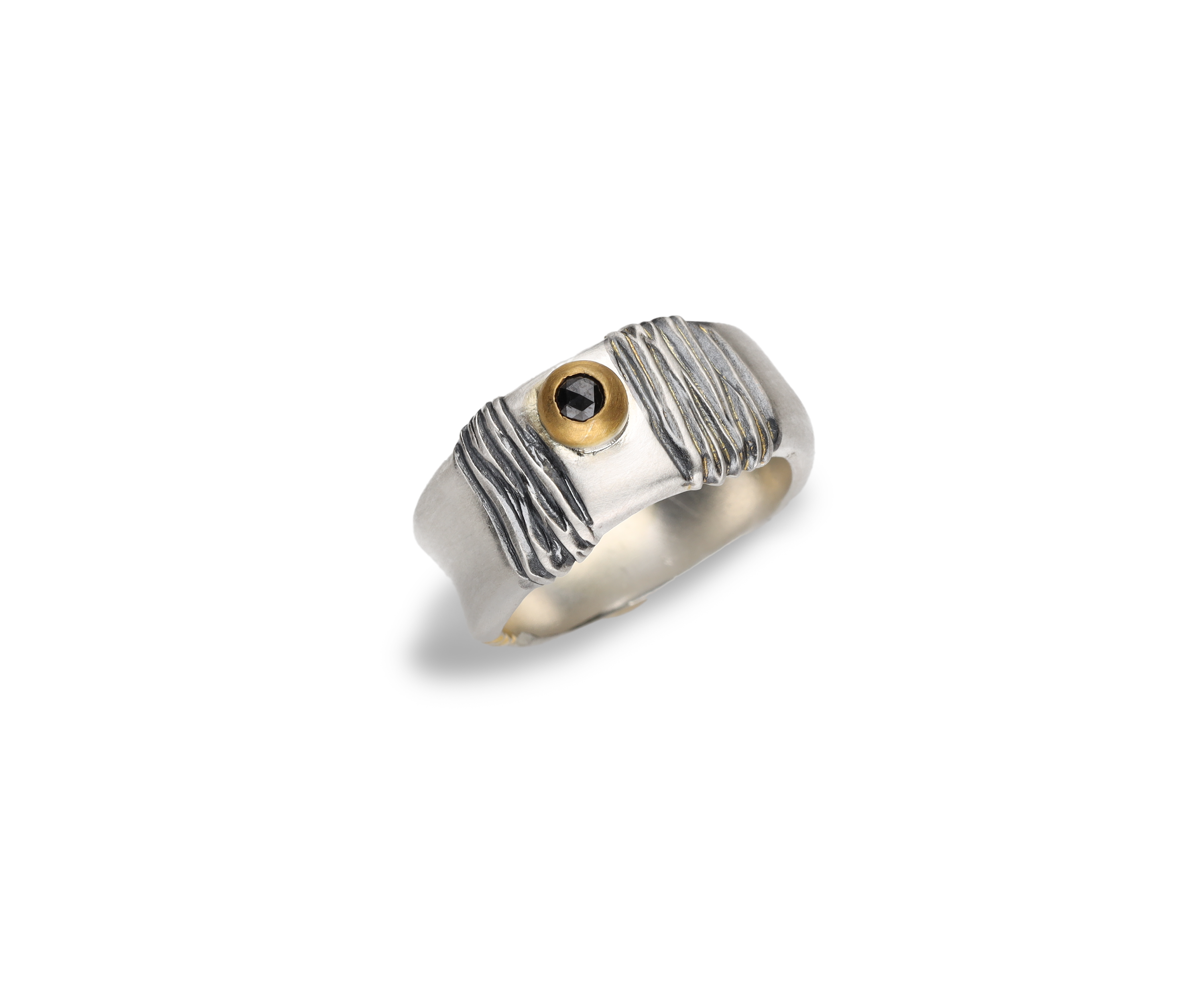 Ring 925 Silber, geschwärzt & vergoldet, mit schwarzem Diamant, Gr. 57