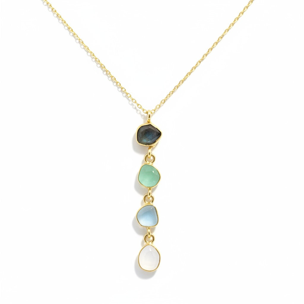 Kette Messing vergoldet Labradorit Onyx grün/blau/weiß