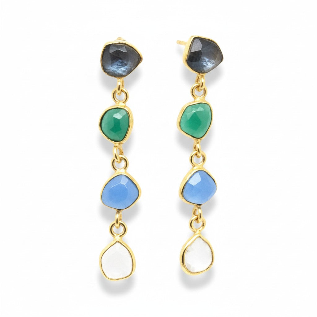 Ohrring Messing vergoldet Labradorit Onyx grün/blau/weiß