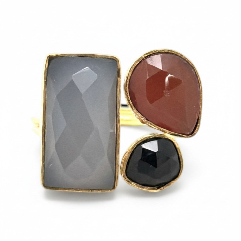 Ring Messing vergoldet Onyx orange/rauch/schwarz