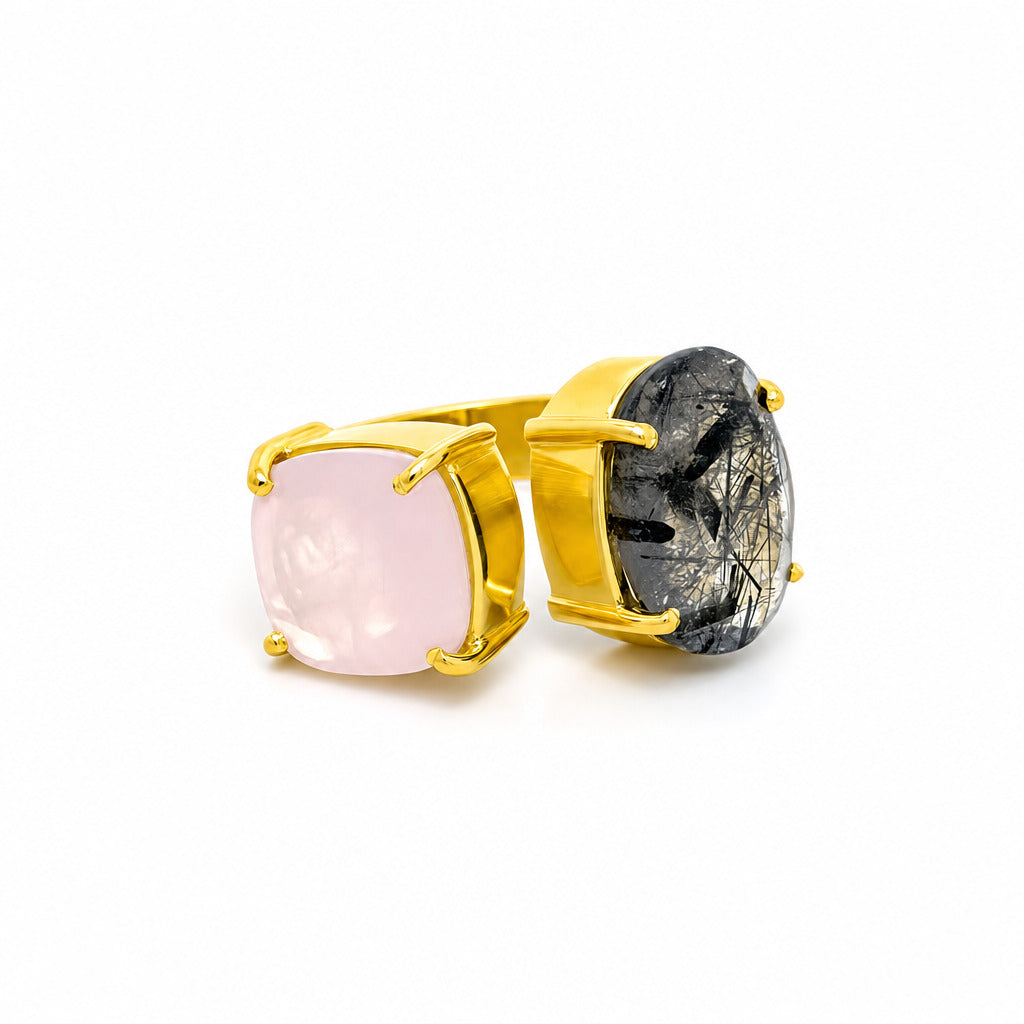Cocktail Ring, Rutilquarz und Rosenquarz - Gr. 58