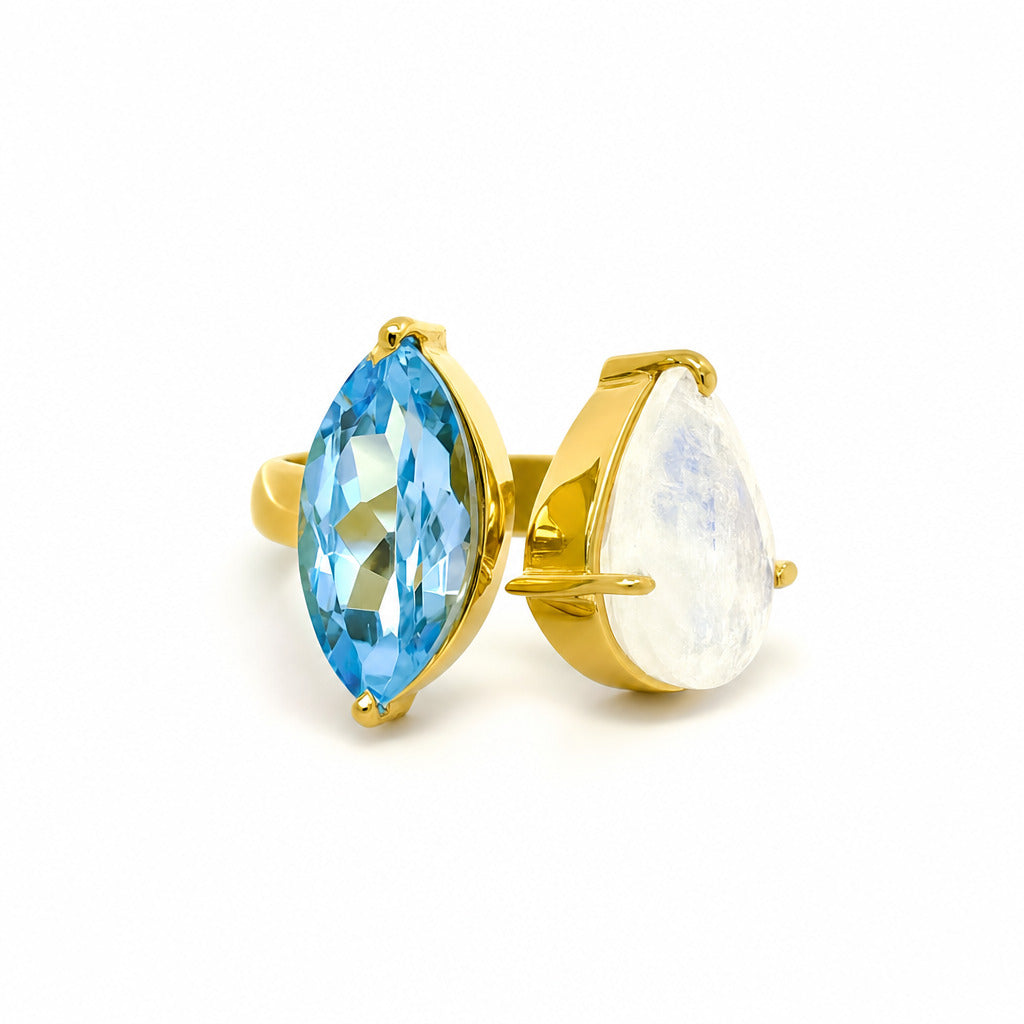 Cocktail Ring, blauer Topas und Mondstein - Gr. 58