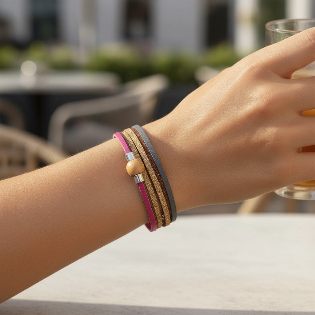 Peter Bijoux faux-leather wrap bracelet with 6 straps in pink, grey, white, and bronze glitter, featuring a magnetic clasp.