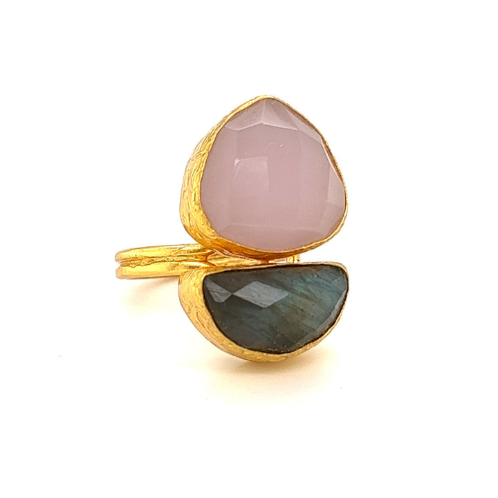 Ring aus Messing vergoldet, mit Rosenquarz, Labradorit