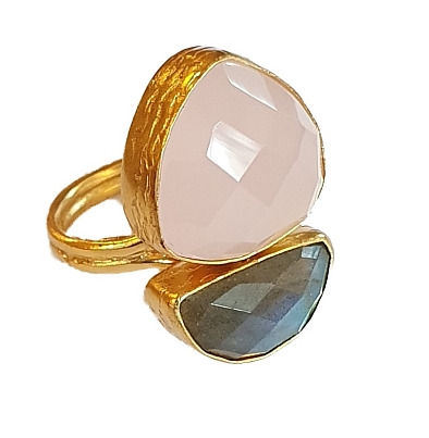 Ring aus Messing vergoldet, mit Rosenquarz, Labradorit