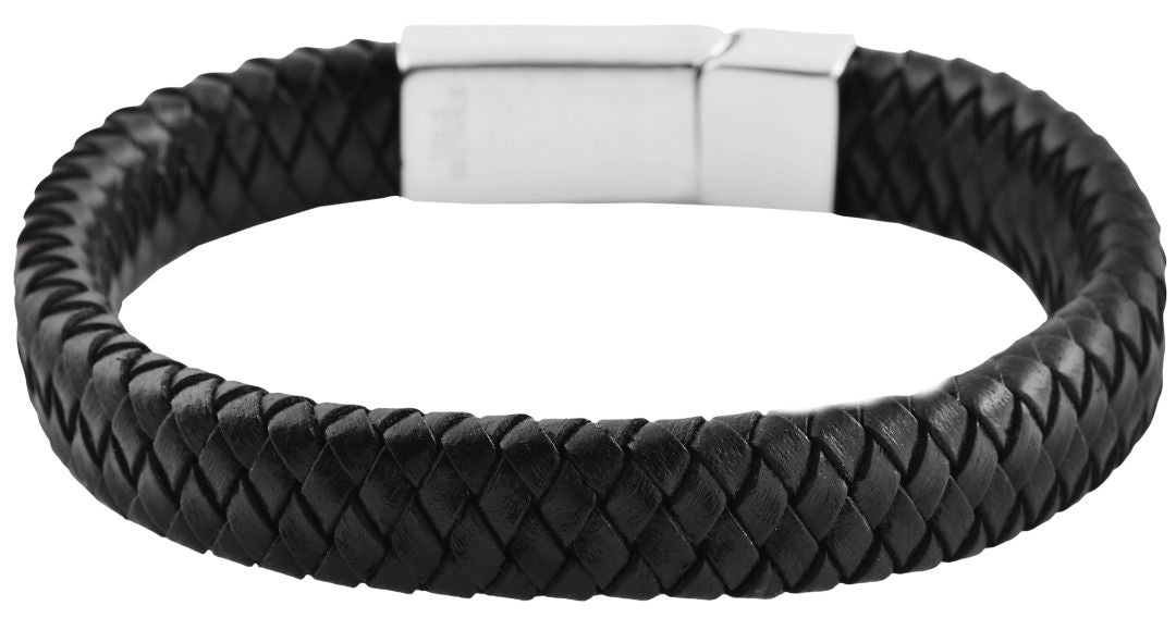geflochtenes Echtlederarmband mit Edelstahlgravurplatte, schwarz/silberfarben