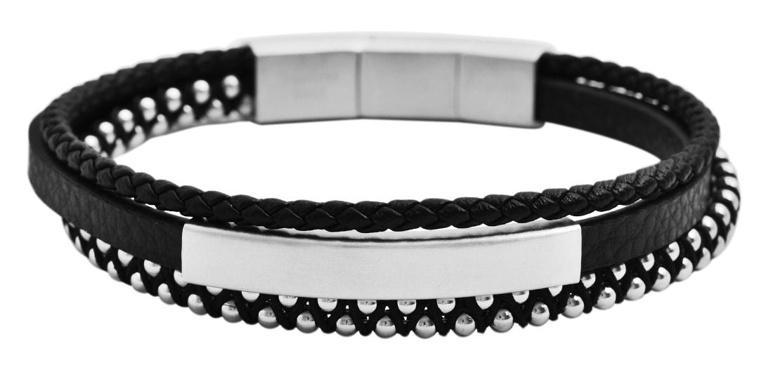Armband mit Gravurplatte aus Echtleder und Edelstahl, schwarz/silberfarben