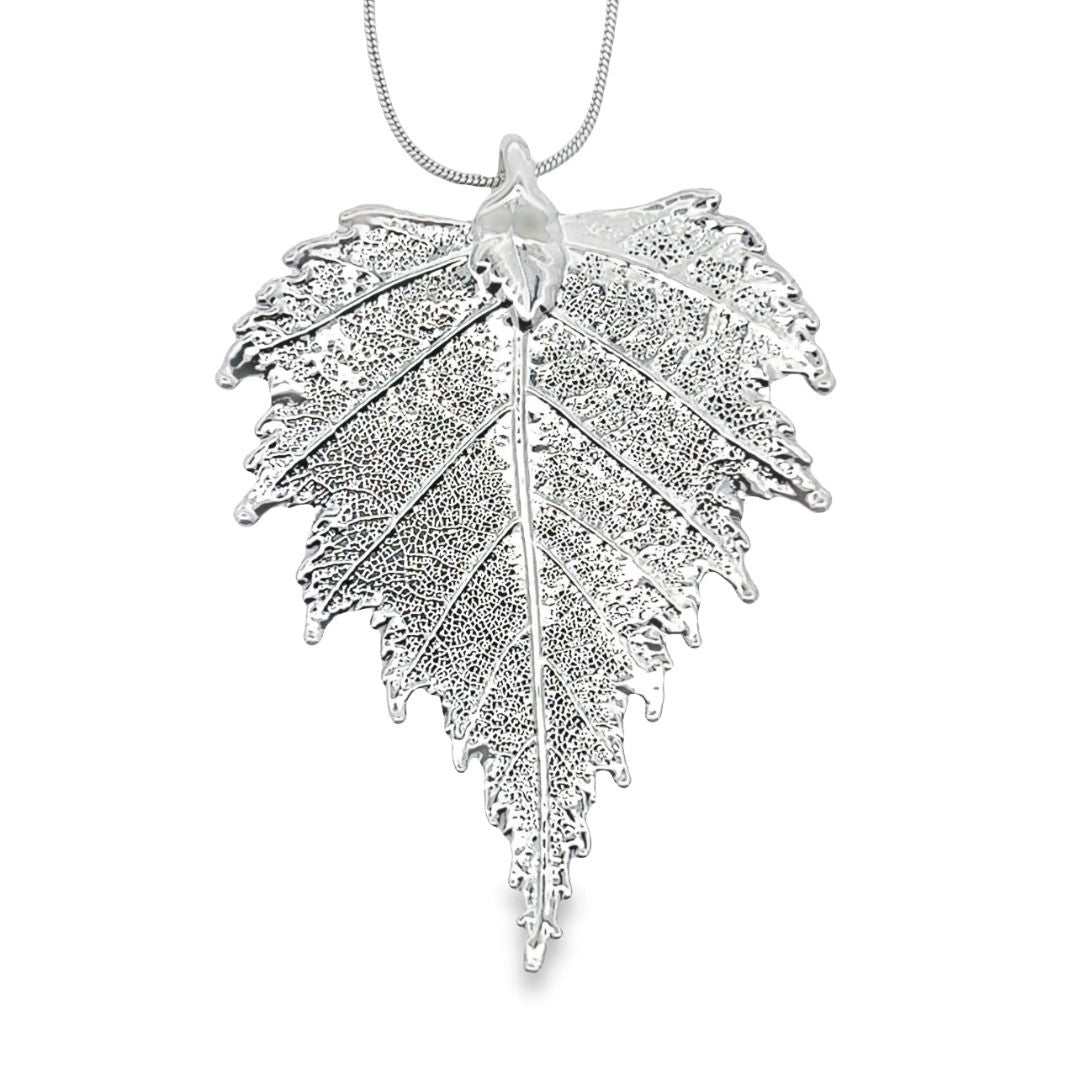 Birkenblatt Anhänger, Echtblatt mit Kette, rhodiniert