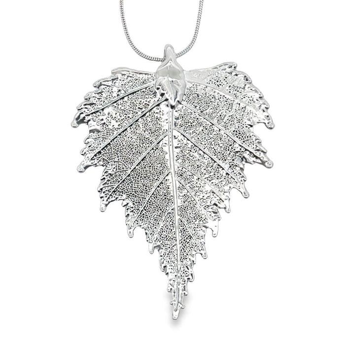 Birkenblatt Anhänger, Echtblatt mit Kette, rhodiniert