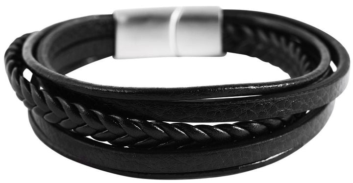 Echtleder/Lederimitat Armband, geflochten, schwarz, silberfarben