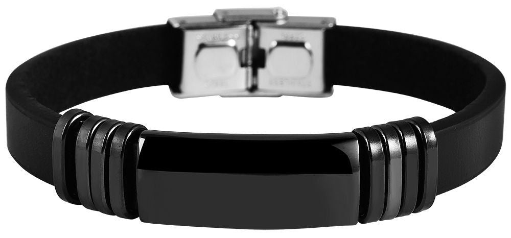 Echtlederarmband mit Edelstahlelement, Gravurplatte, schwarz