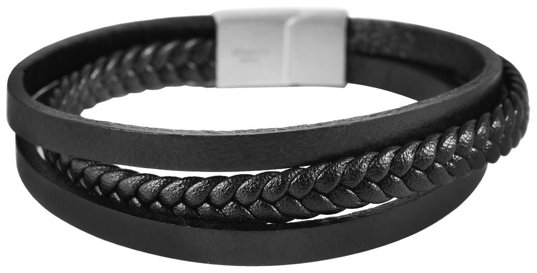 Echtlederarmband mit Edelstahlelementen, dreireihig, schwarz/silberfarben