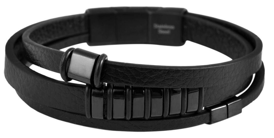 Echtlederarmband mit Edelstahlelementen, schwarz/schwarz
