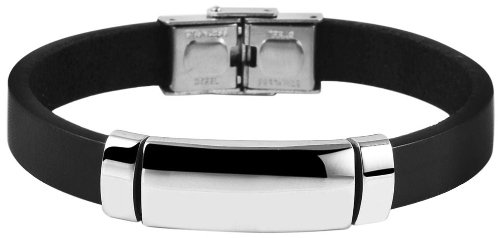 Echtlederarmband mit Edelstahlgravurplatte, schwarz/silberfarben