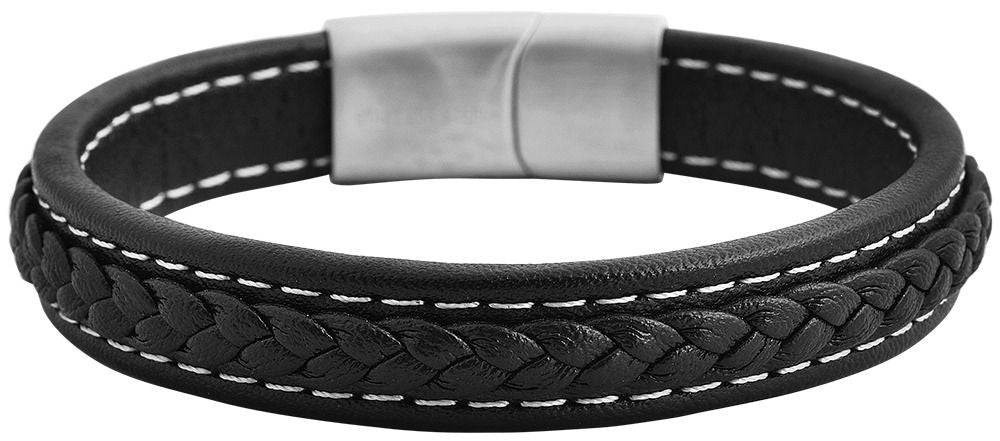 Bracciale in vera pelle con dettagli intrecciati, nero