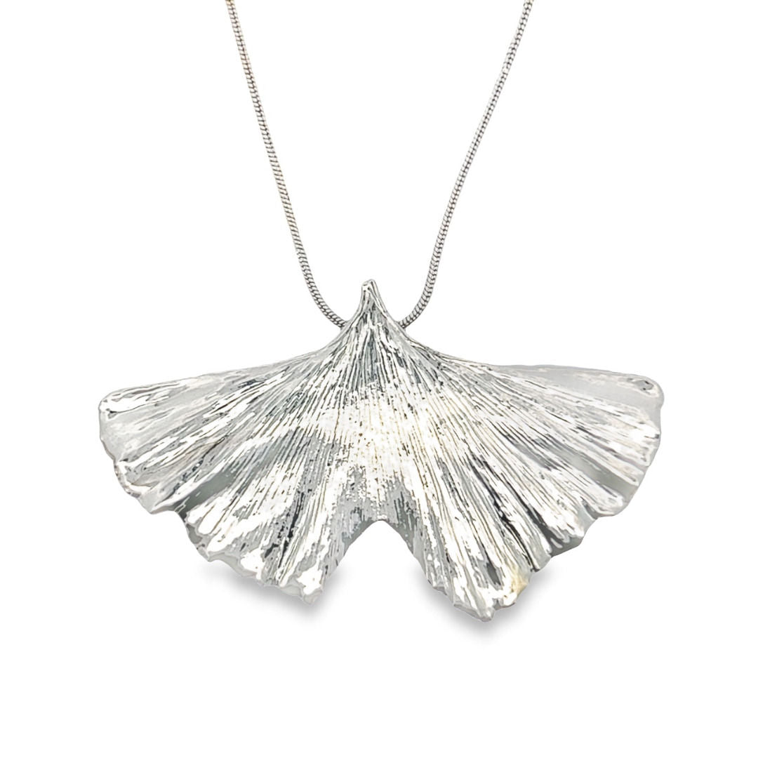 Ginkgo Anhänger, Echtblatt, mit Kette rhodiniert
