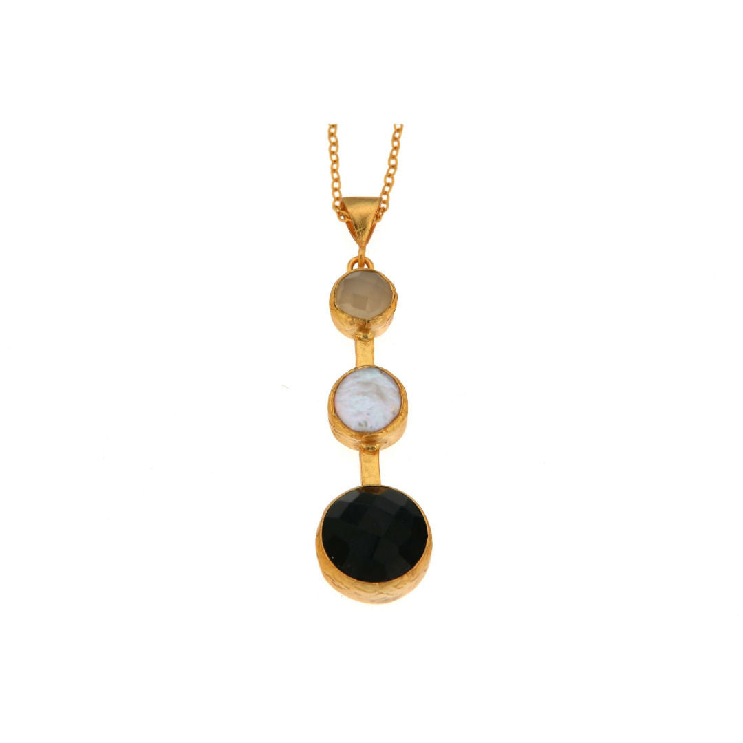 Kette Messing vergoldet, Barockperle, Onyx, Chalcedon