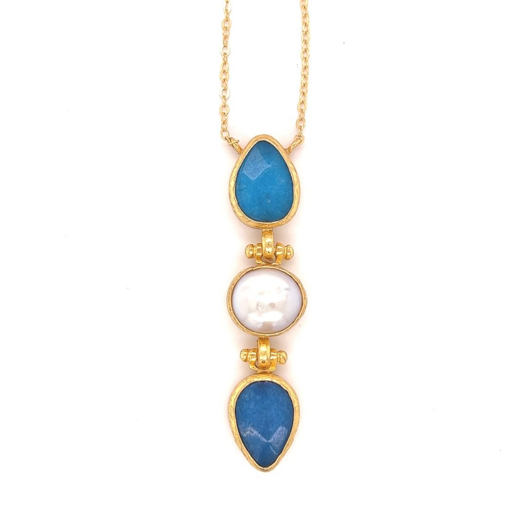 Catena in ottone placcato oro, perla barocca in giada blu
