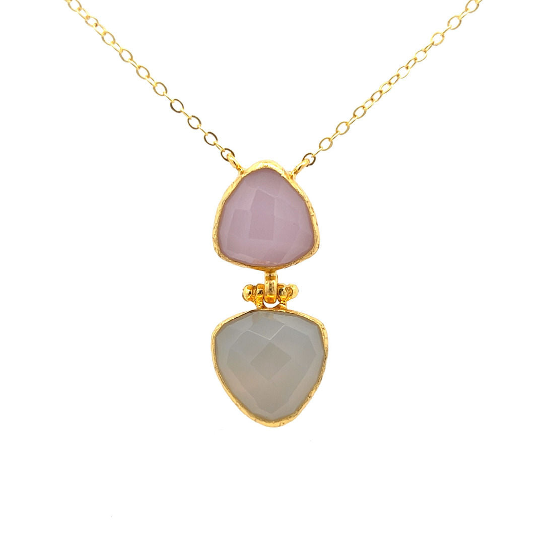 Kette Messing vergoldet weier Chalcedon und Rosenquarz