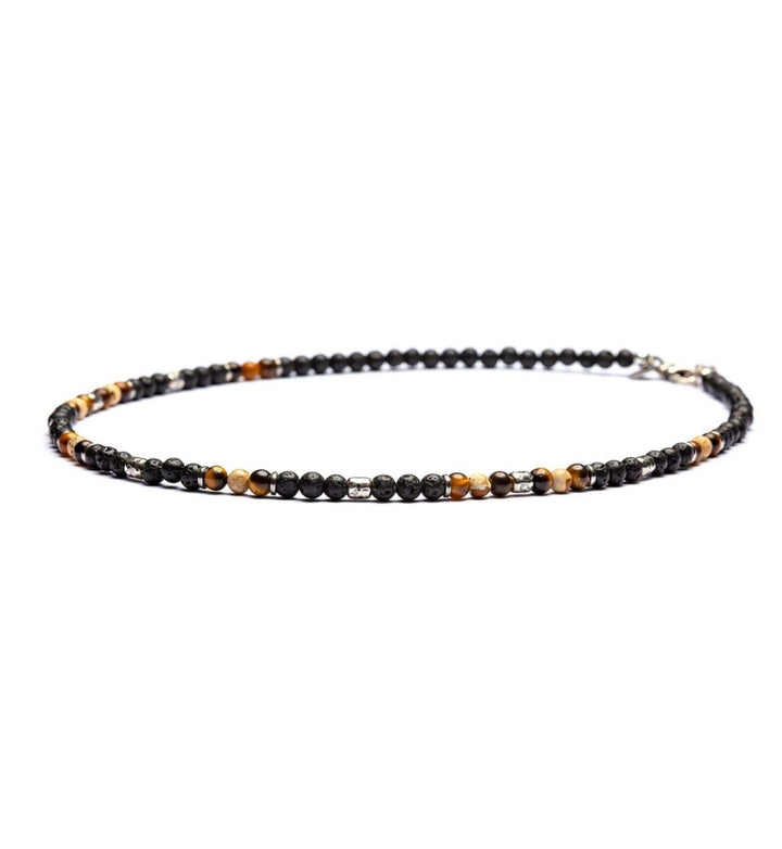 Larino - Collier 4 mm Kugeln - 925er Silber Tigerauge, Paesina Stein, Lava