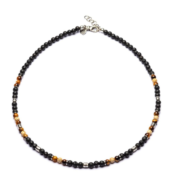 Larino - Collier 4 mm Kugeln - 925er Silber Tigerauge, Paesina Stein, Lava