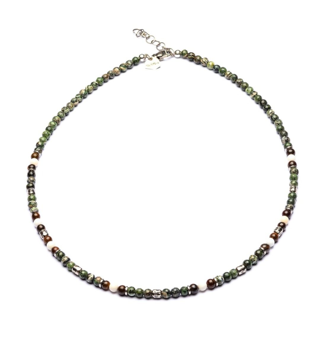 Maratea - Collier 4 mm Kugeln - 925er Silber Serpentin, Bronzit, Perlmutt