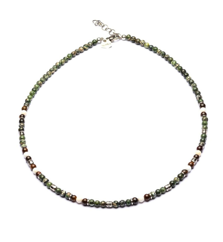 Maratea - Collier 4 mm Kugeln - 925er Silber Serpentin, Bronzit, Perlmutt