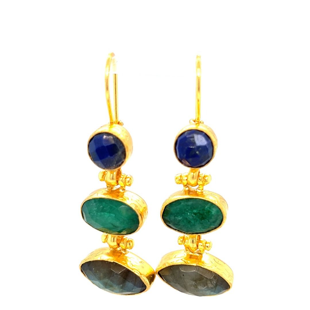 Orecchini in ottone placcato oro labradorite, smeraldo lapislazzuli