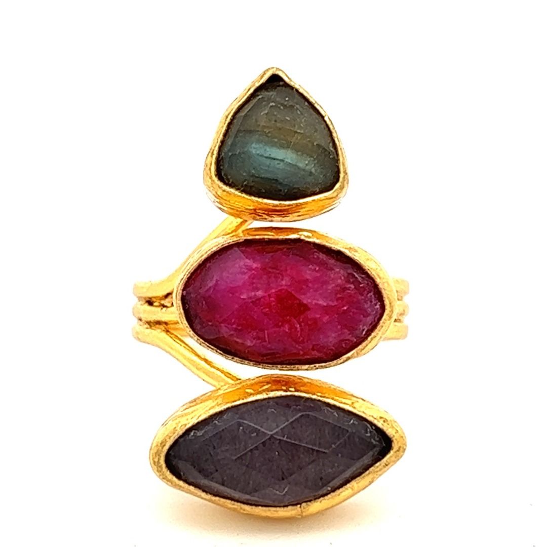 Ring Messing vergoldet Labradorit, Rubin und Amethyst