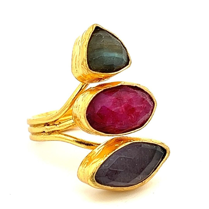 Ring Messing vergoldet Labradorit, Rubin und Amethyst