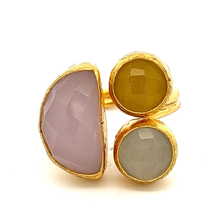 Ring Messing vergoldet Rosenquarz und weiss gelber Chalcedon