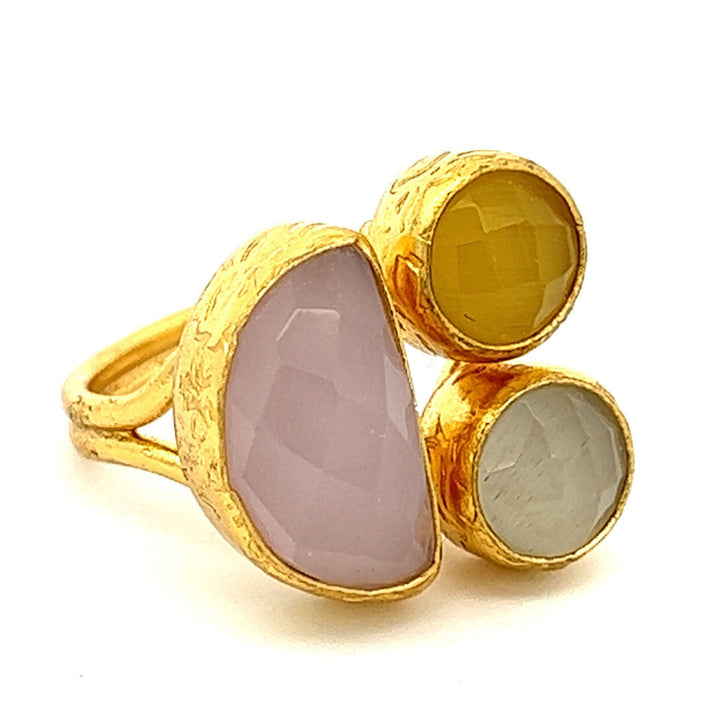 Ring Messing vergoldet Rosenquarz und weiss gelber Chalcedon