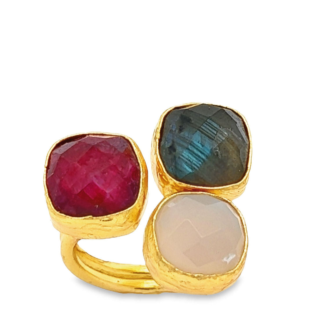 Ring Messing vergoldet rote Jade, Chalcedon und Labradorit