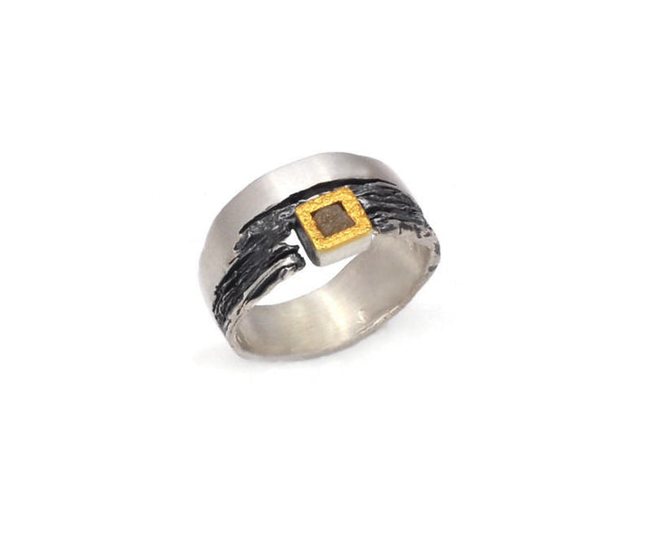 Ring Silber und Silber geschwärzt mit Rohdiamant - Gr. 57