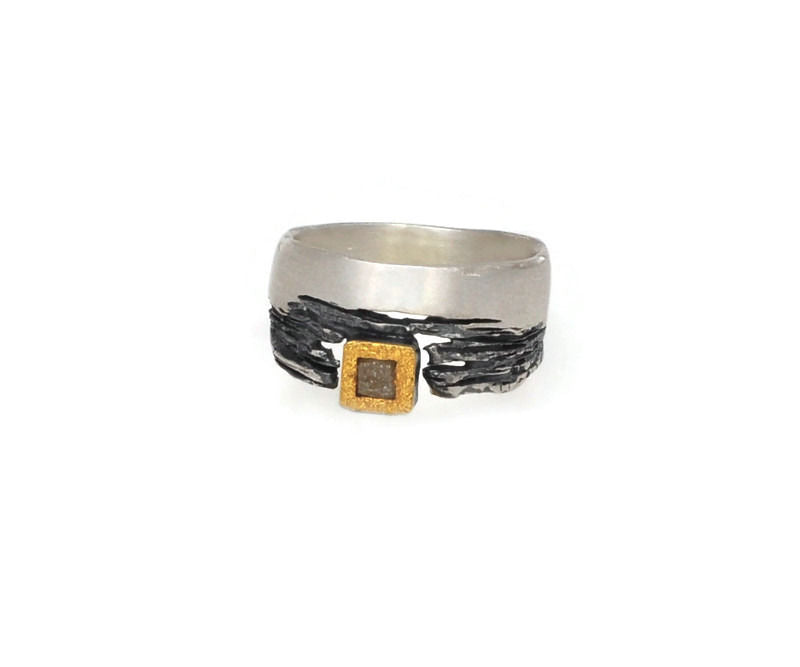 Ring Silber und Silber geschwärzt mit Rohdiamant - Gr. 57