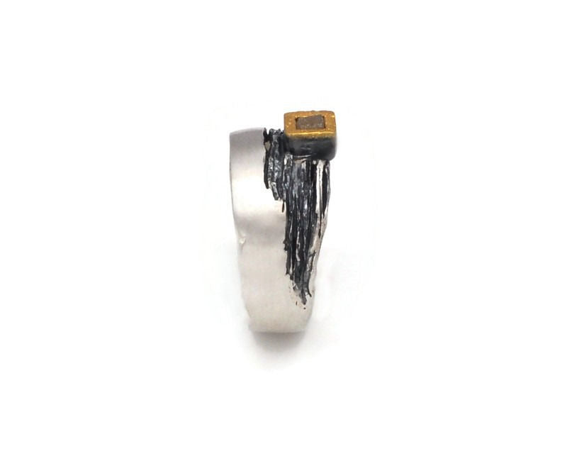 Ring Silber und Silber geschwärzt mit Rohdiamant - Gr. 57
