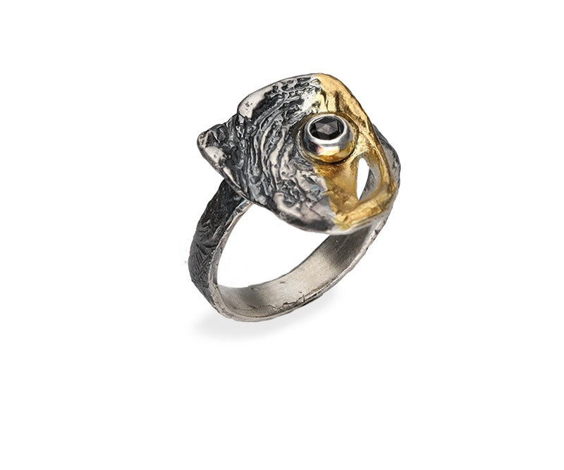 Ring Silber vergoldet und geschwärzt mit schwarzem Diamanten Gr. 56