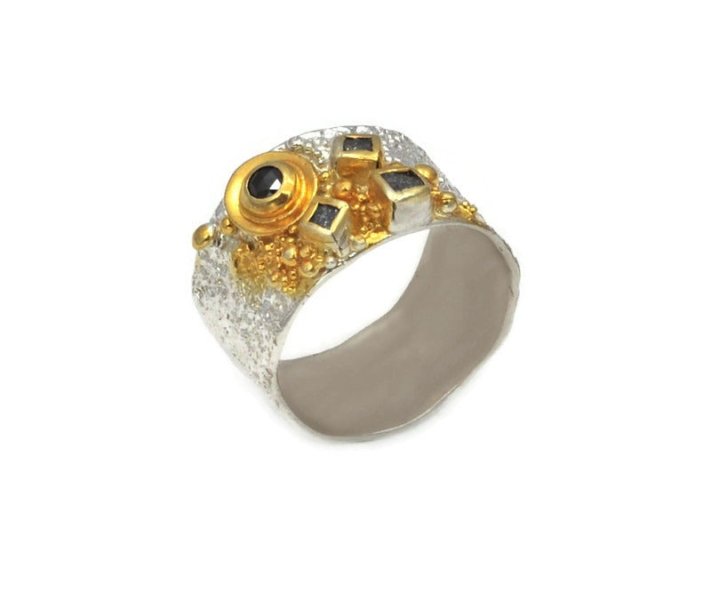 Ring Silber und vergoldet mit Rohdiamanten