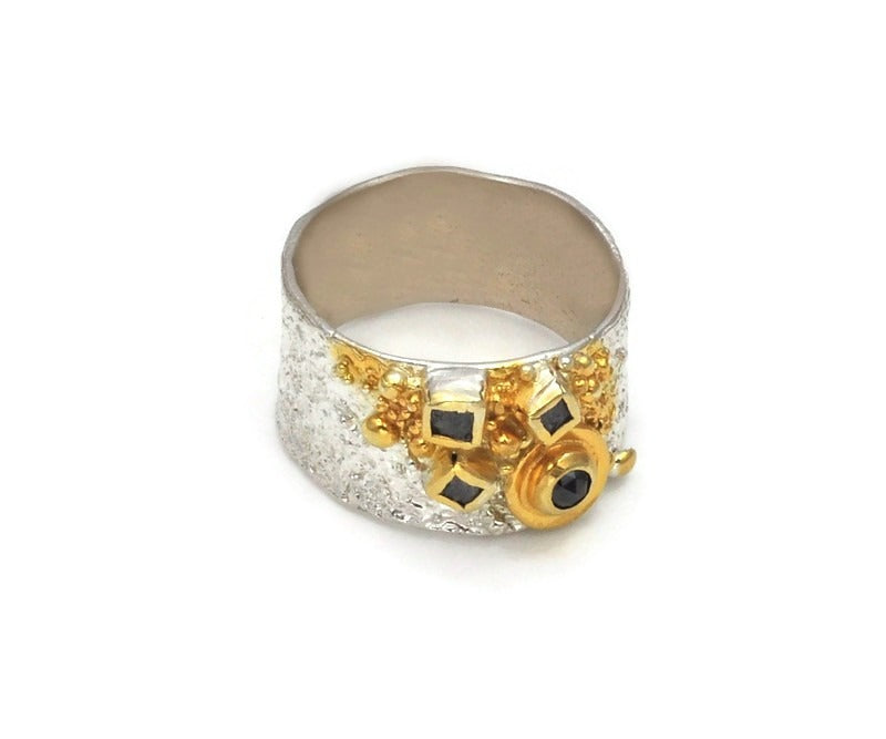 Ring Silber und vergoldet mit Rohdiamanten