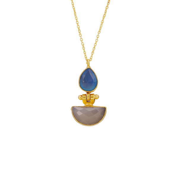 Kette aus Messing, vergoldet, blauer, weißer Onyx