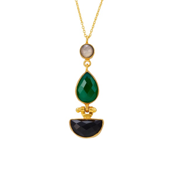 Kette aus Messing, vergoldet, schwarzer/grüner Onyx, Labradorit