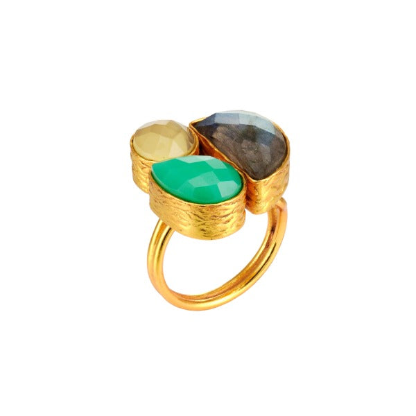 Ring aus Messing, vergoldet, Labradorit, aqua/weiße Onyxe
